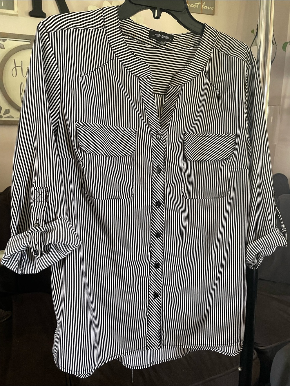 Notations Black & White Vertical Striped Button Down Blouse with Roll-Tab Sleeve